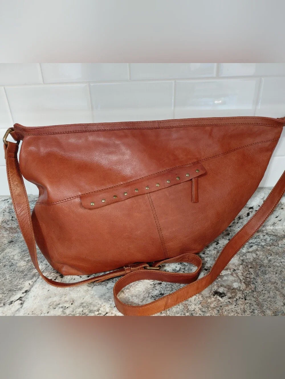 Ashwood Stud-Accent Leather Hobo Bag in Cognac Brown